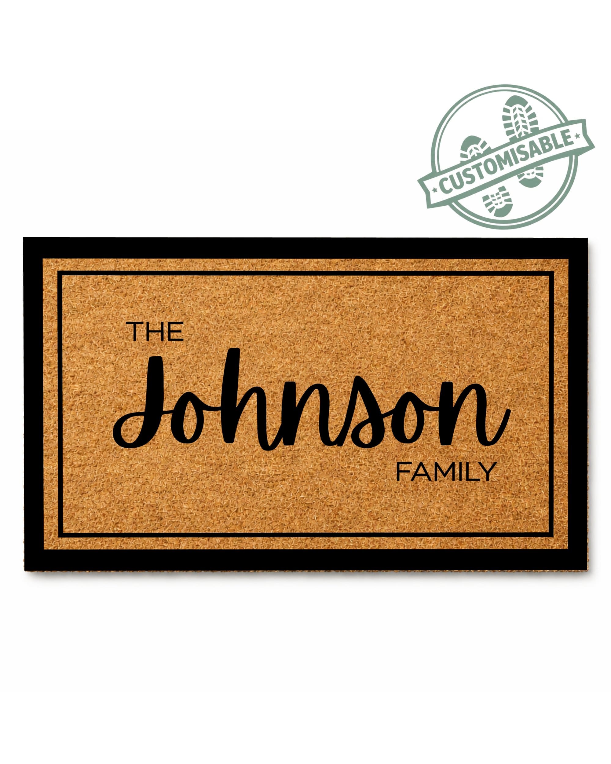 Hand-painted coir family name doormat at a front door in an Australian home