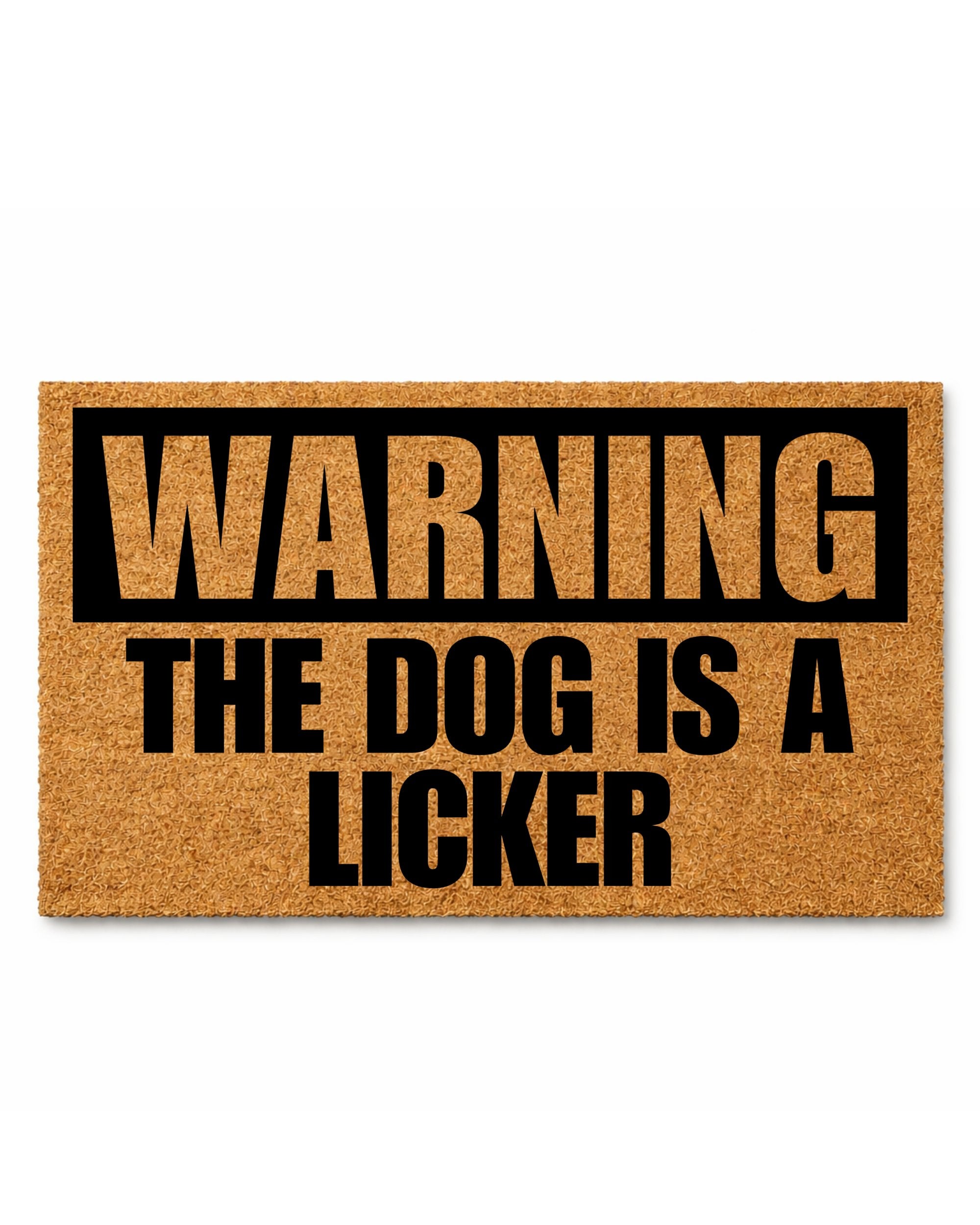 : Hand-painted coir dog doormat at a front door with a dog sitting nearby