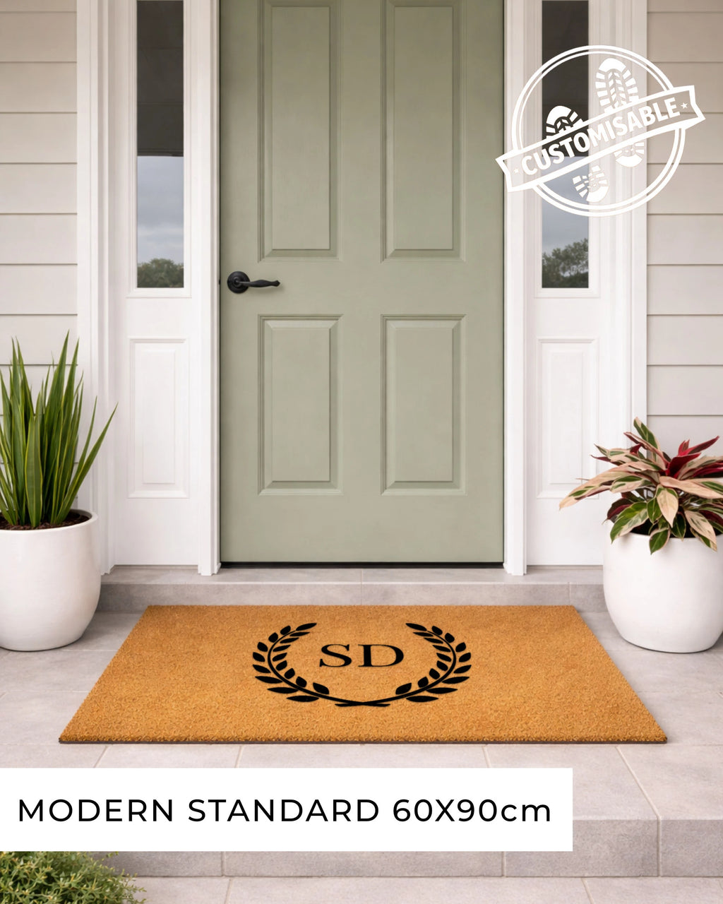 Doormat with a monogram in front of a green door on a house exterior. [VARIANT: TWO INITIALS / NO BORDER]