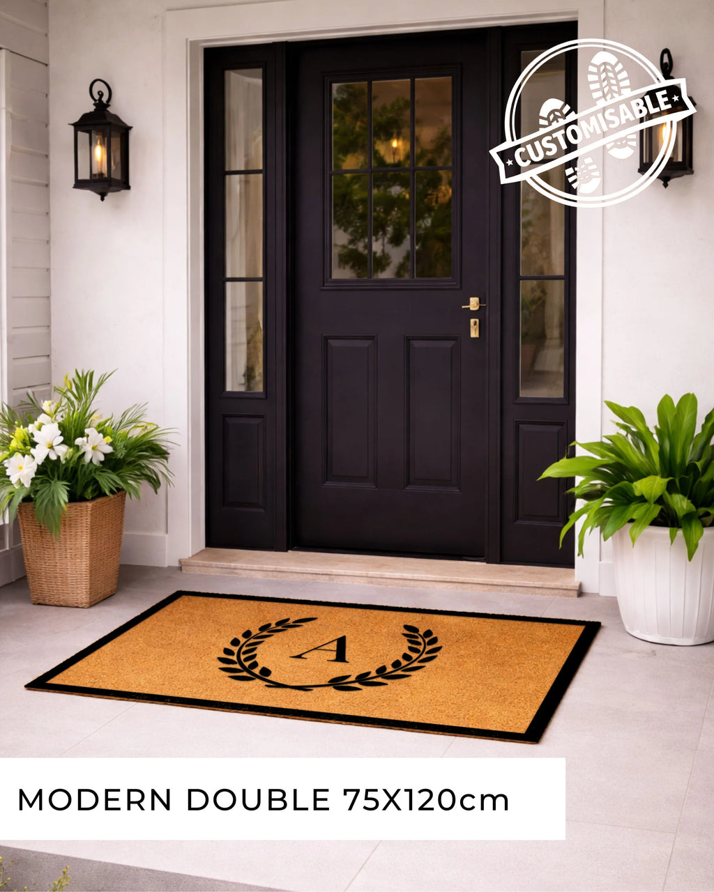 Front door with a customisable doormat featuring a monogram, flanked by potted plants. [VARIANT: SINGLE INITIAL / BORDER]
