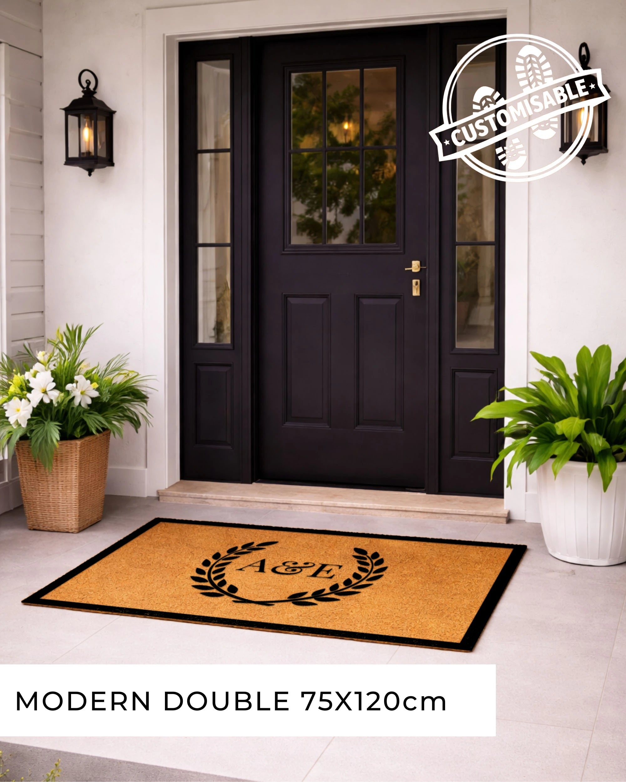 Front door with a customisable doormat featuring initials, flanked by potted plants. [VARIANT: TWO INITIALS / BORDER]