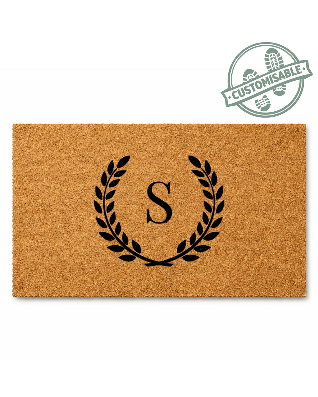 Doormat with monogram design and customizable badge on a white background [VARIANT: SINGLE INITIAL / NO BORDER]