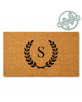 Doormat with monogram design and customizable badge on a white background [VARIANT: SINGLE INITIAL / NO BORDER]