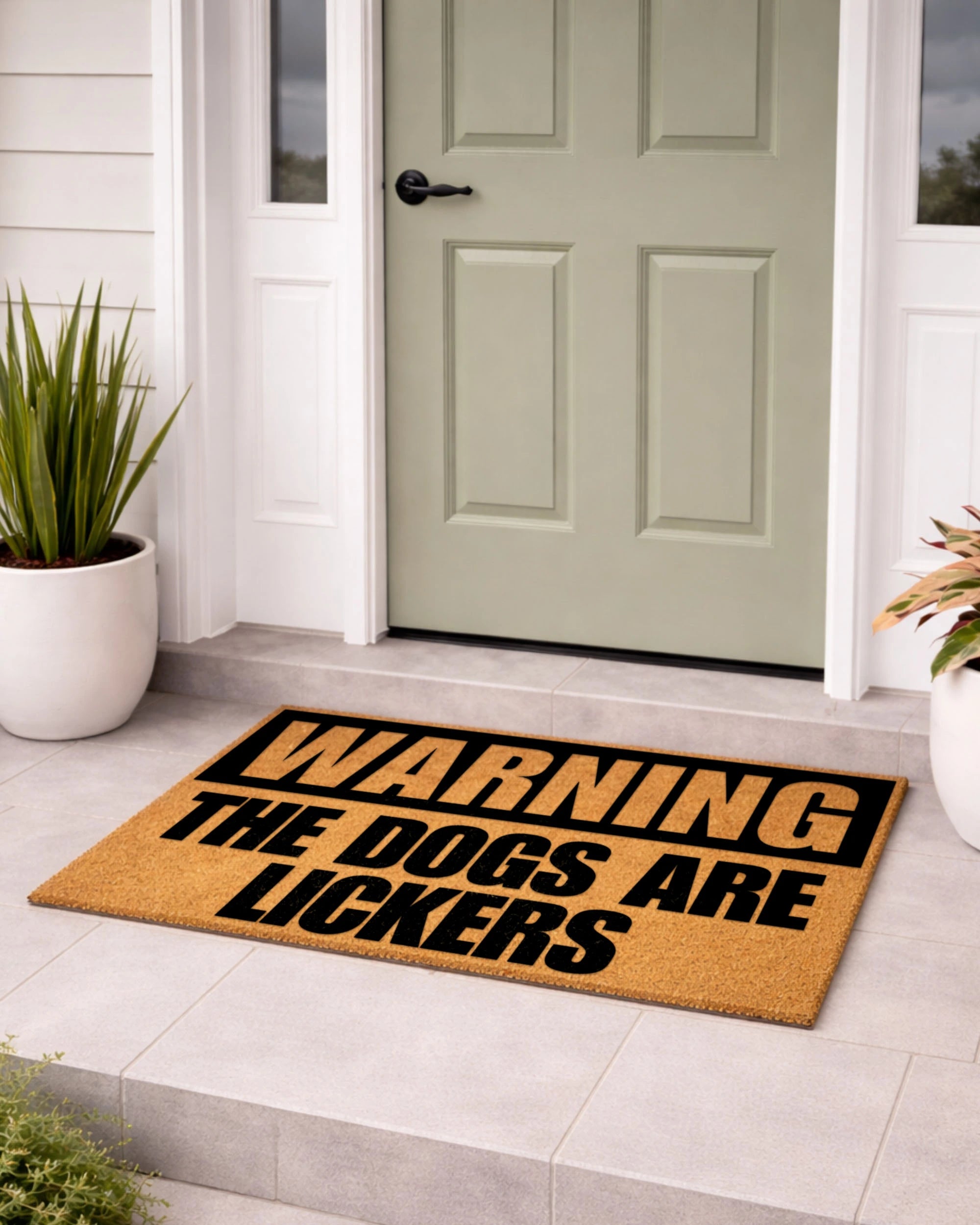 Doormat with 'Warning: The Dogs Are Lickers' text in front of a door. [VARIANT: DOGS / LICKERS]