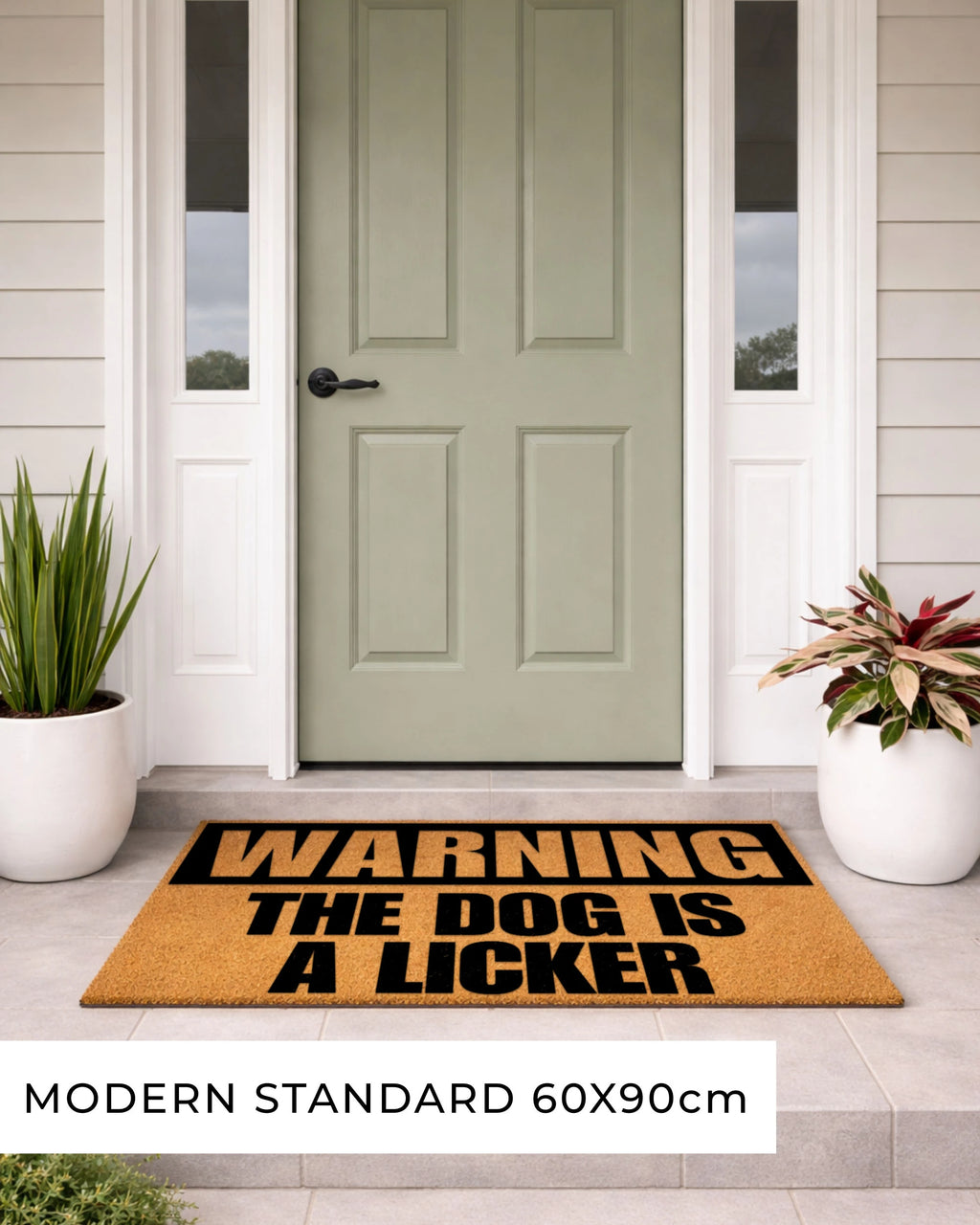 Doormat with 'Warning: The Dog is a Licker' text in front of a green door. [VARIANT: DOG / LICKER]