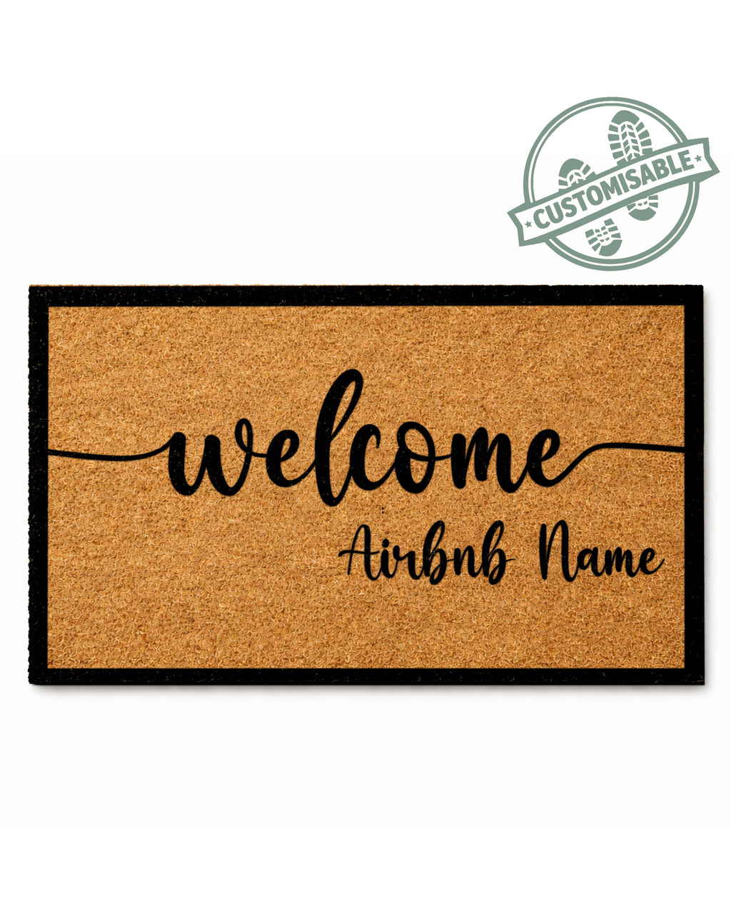 Doormat with 'welcome Airbnb Name' text on a white background [VARIANT: BORDER]