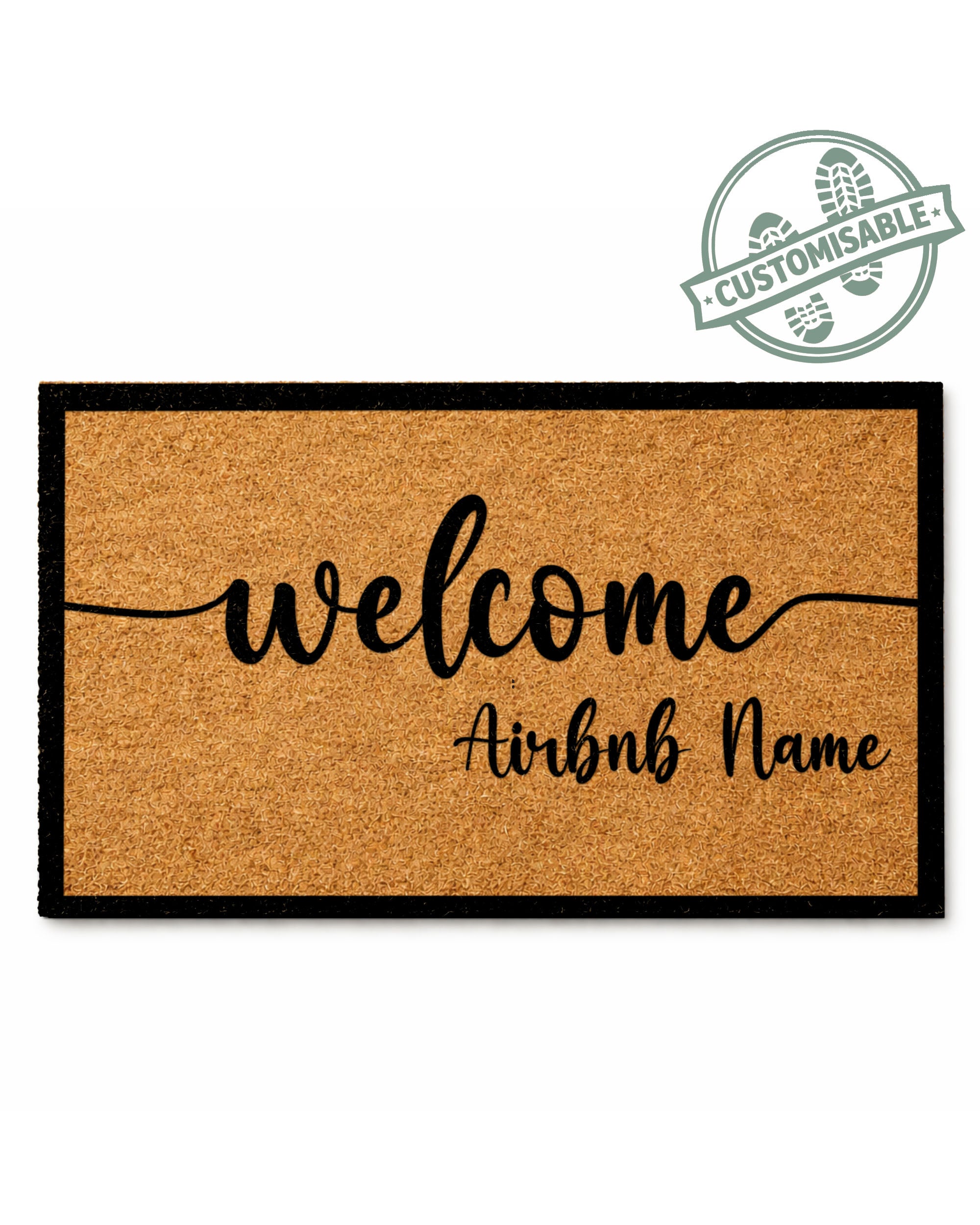 Doormat with 'welcome Airbnb Name' text on a white background [VARIANT: BORDER]