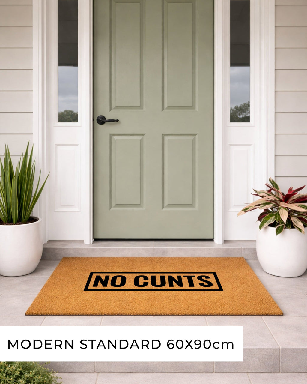 Doormat with 'NO CUNTS' text in front of a green door [variant: block]