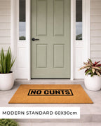 Doormat with 'NO CUNTS' text in front of a green door [variant: block]