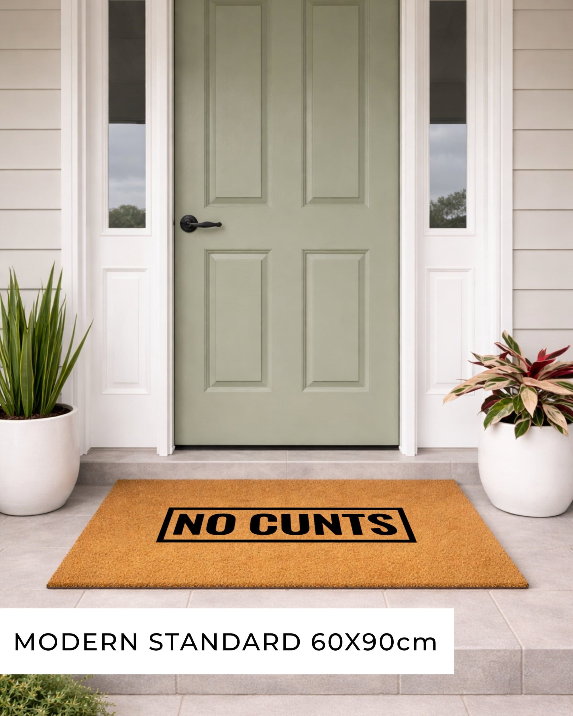 Doormat with 'NO CUNTS' text in front of a green door [variant: block]