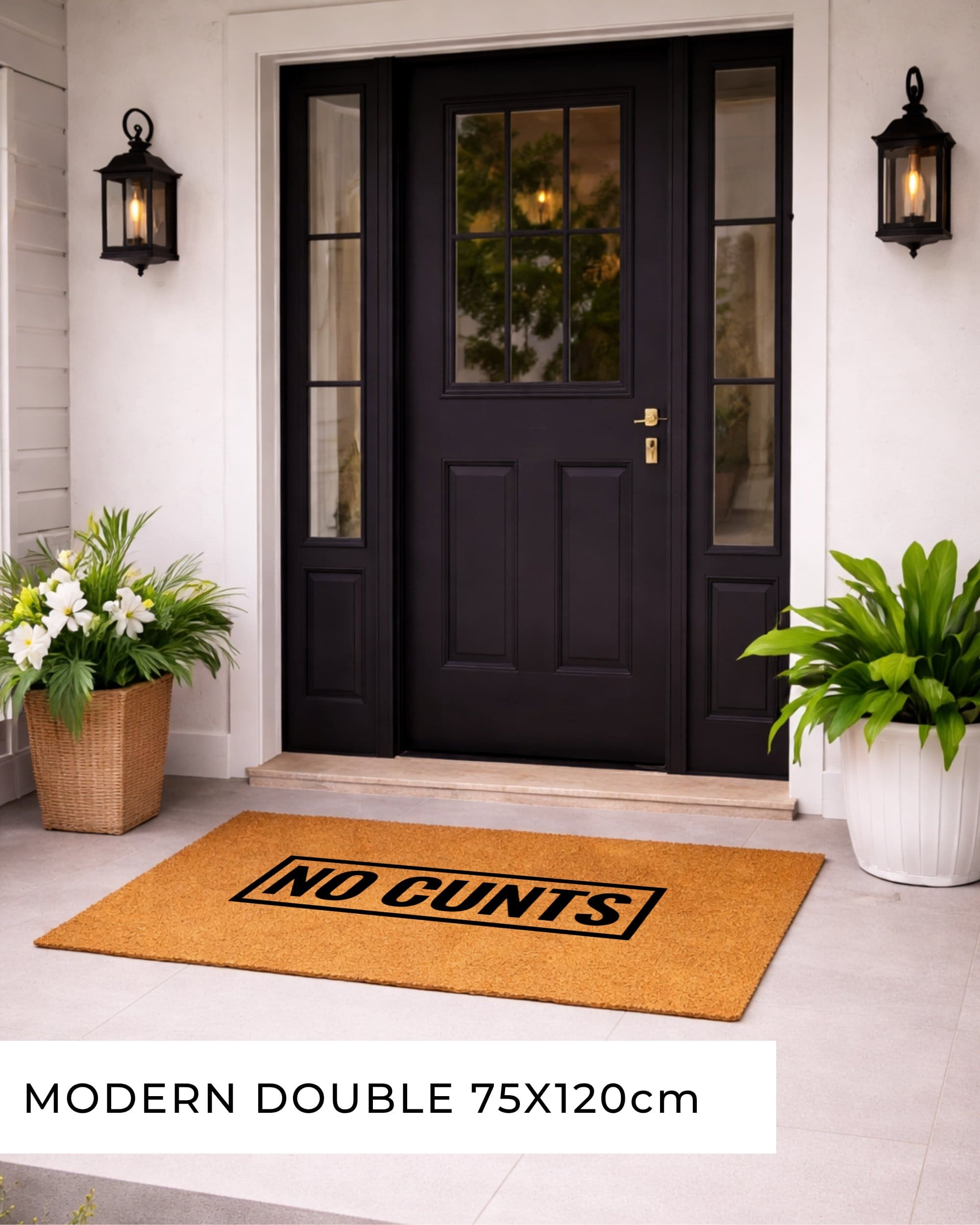 Front door with a doormat featuring 'NO CUNTS' text, flanked by potted plants. [variant: block]