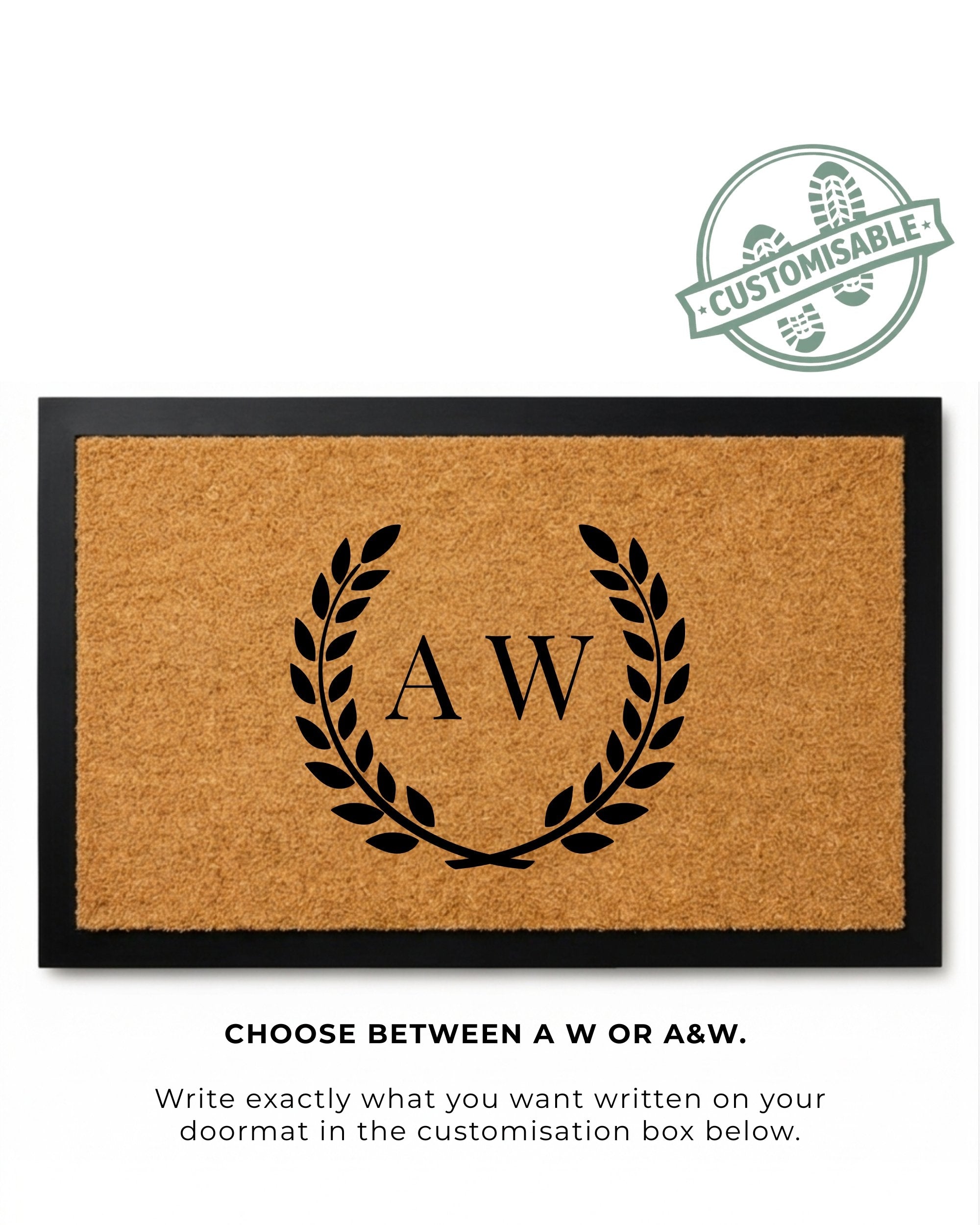 Doormat with monogram design and customizable text option on a white background [variant: two-initials-border]