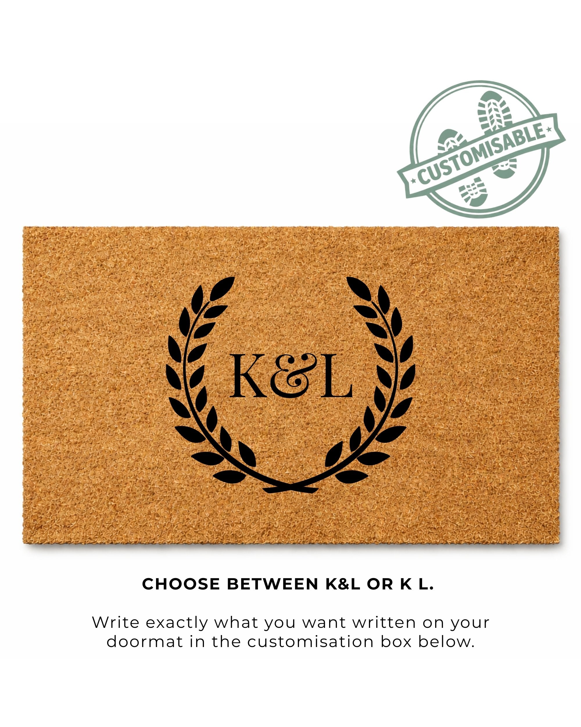 Doormat with 'K&L' design and customization option on a white background [variant: two-initials-no-border]