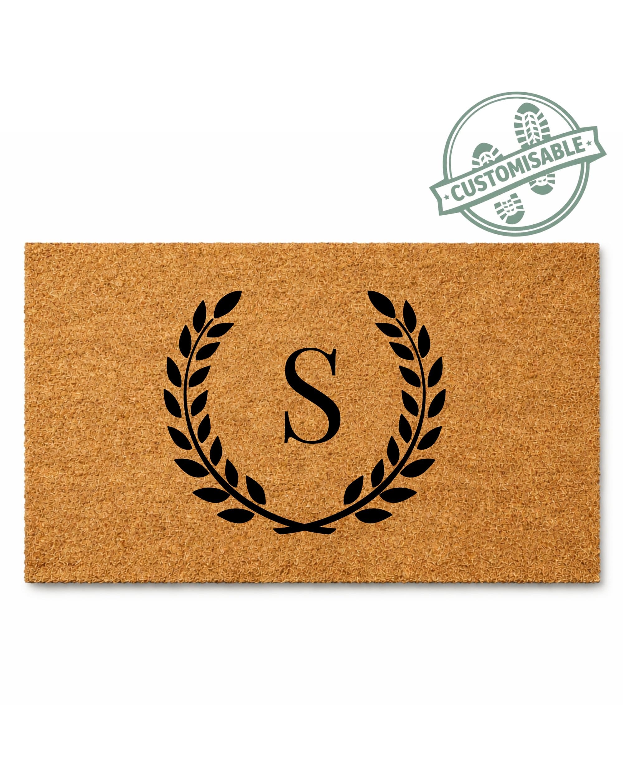 Doormat with monogram design and customizable badge on a white background [variant: single-initial-no-border]