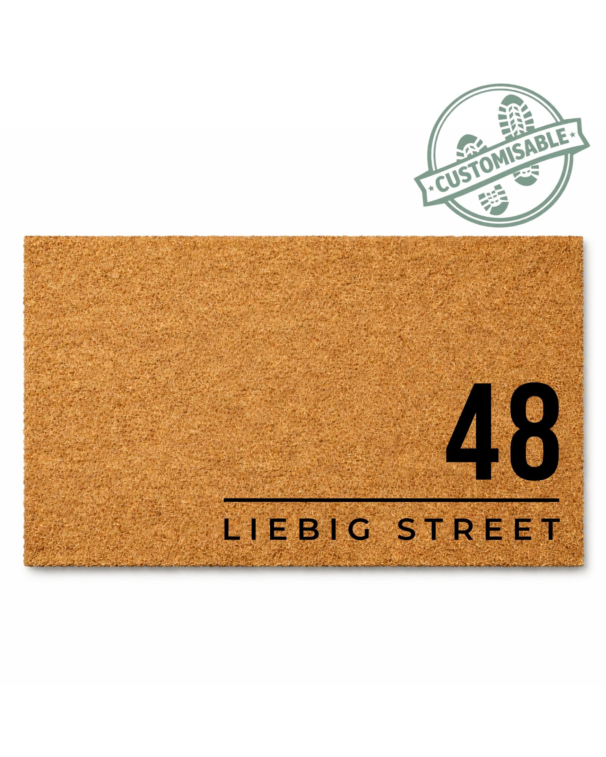 Doormat with '48 LIEBIG STREET' text on a white background