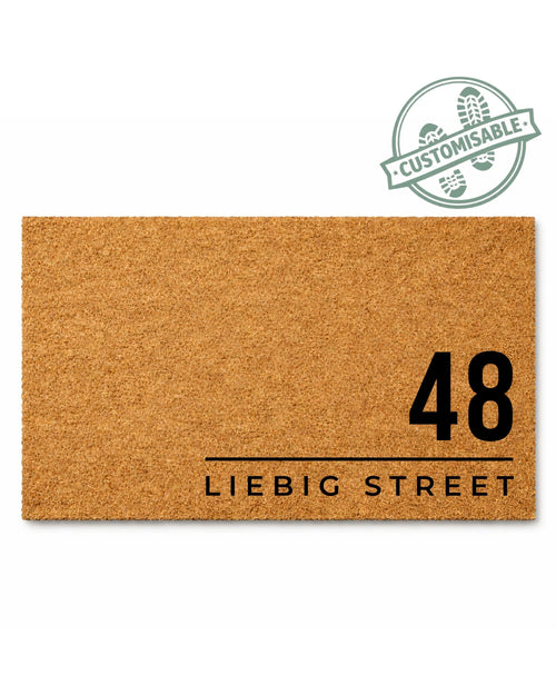 Doormat with '48 LIEBIG STREET' text on a white background