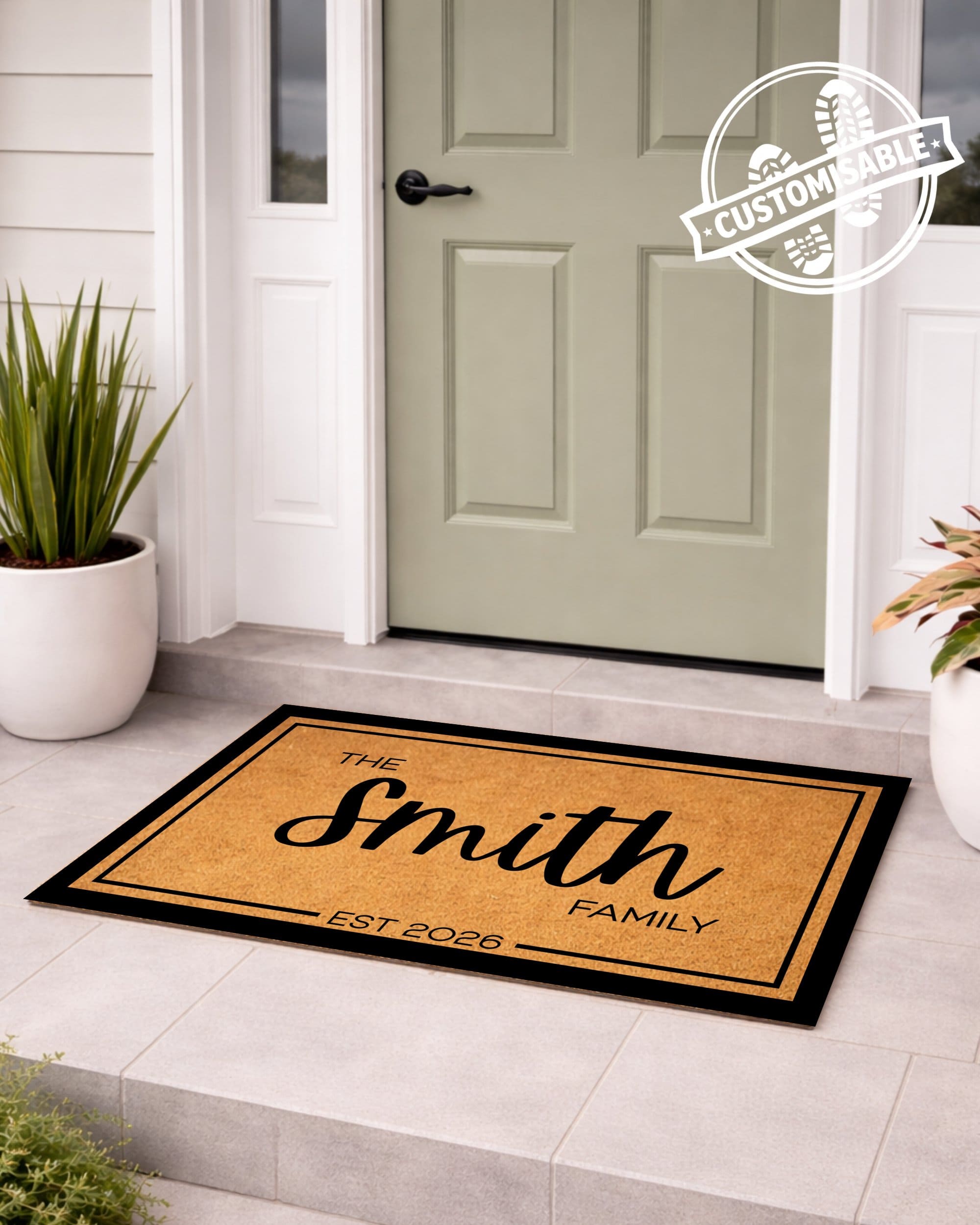 Personalized doormat with 'The Smith Family' text in front of a door. [VARIANT: BORDER-EST]