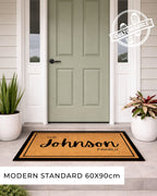 Doormat with 'The Johnson Family' text in front of a green door, with Rust-Oleum logo. [VARIANT: BORDER-NO-EST]