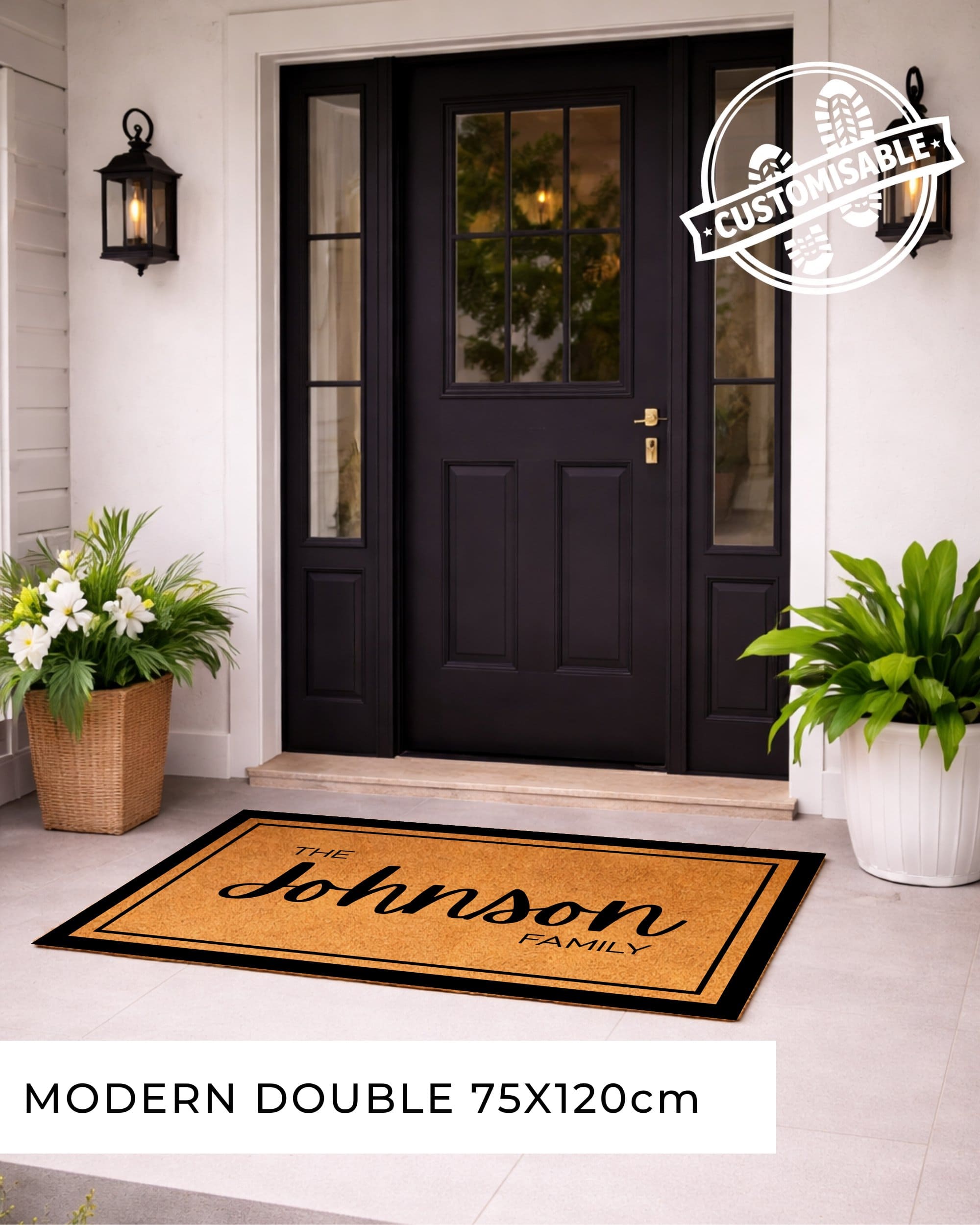 Front door with a doormat featuring 'The Johnson Family' text, flanked by potted plants. [VARIANT: BORDER-NO-EST]