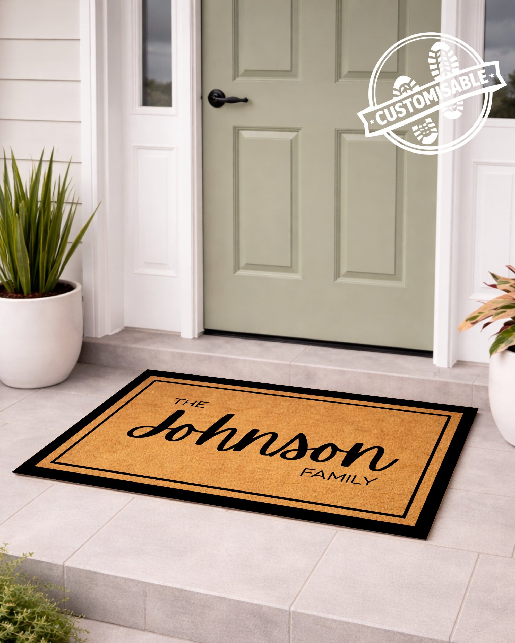 Doormat with 'The Johnson Family' text in front of a door, with a customizable badge. [VARIANT: BORDER-NO-EST]