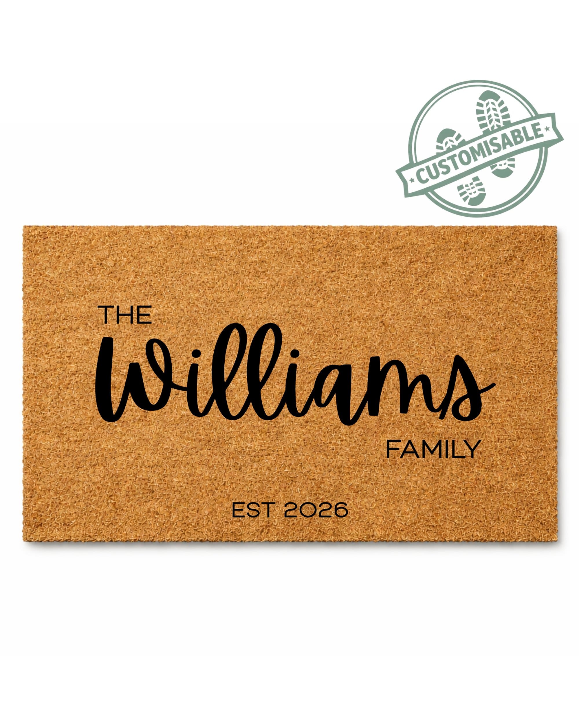 Doormat with 'The Williams Family EST 2026' text on a white background [VARIANT: STANDARD-EST]