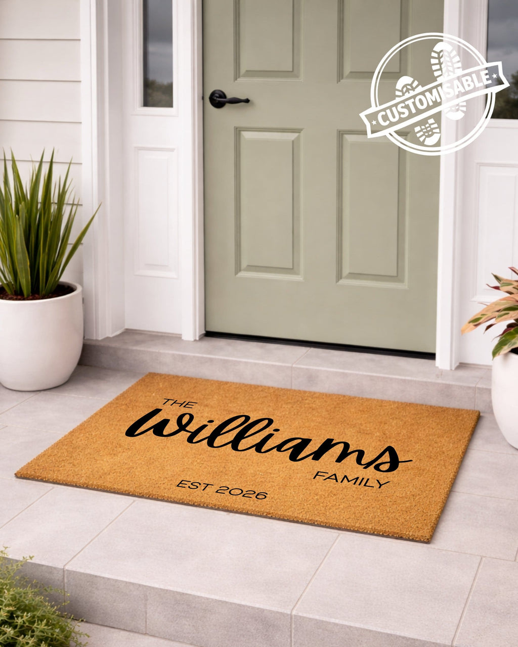 Personalized doormat with 'The Williams Family' text in front of a door. [VARIANT: STANDARD-EST]