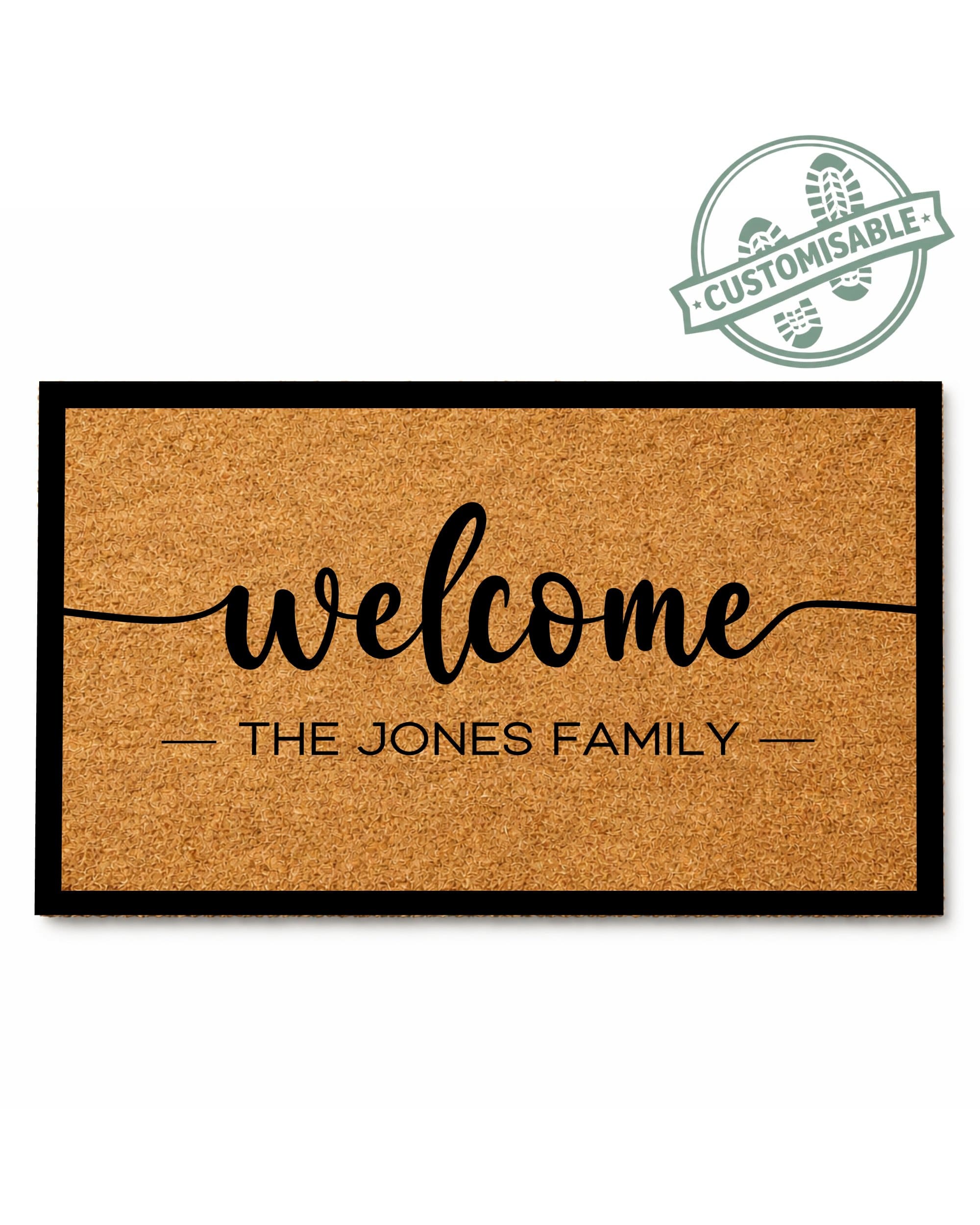 Doormat with 'welcome' and 'The Jones Family' text on a white background [variant: BORDER]