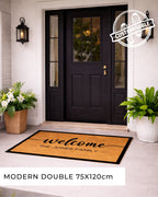 Front door with a custom doormat and decorative elements. [variant: BORDER]