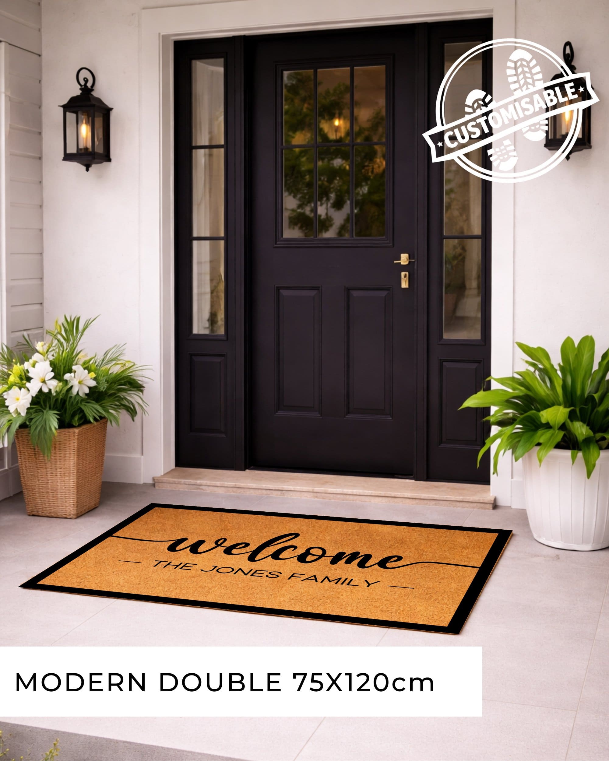 Front door with a custom doormat and decorative elements. [variant: BORDER]