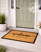 Doormat with 'welcome The Jones Family' text in front of a door, with a customizable badge. [variant: BORDER]