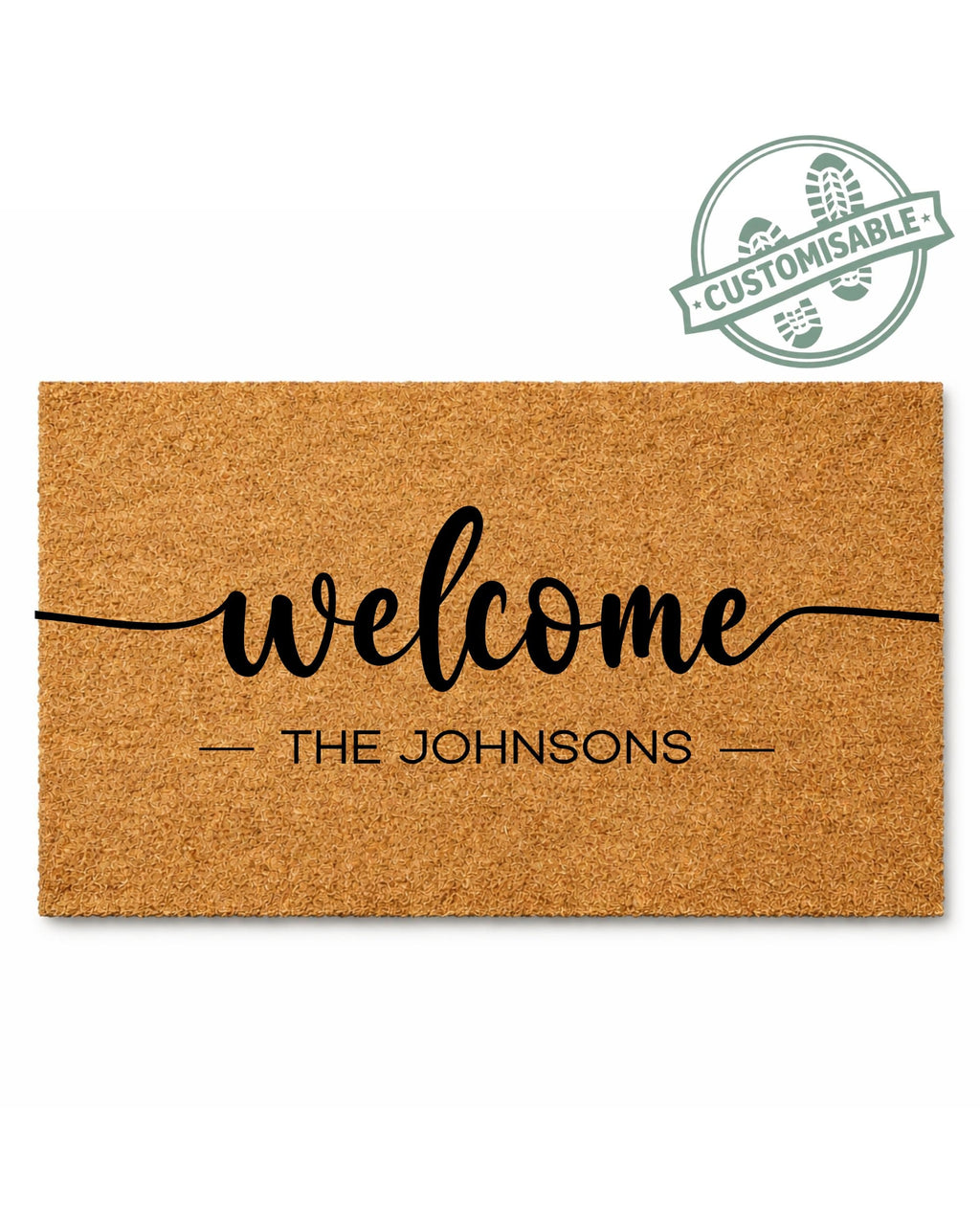 Doormat with 'welcome THE JOHNSONs' text on a white background [VARIANT: STANDARD]
