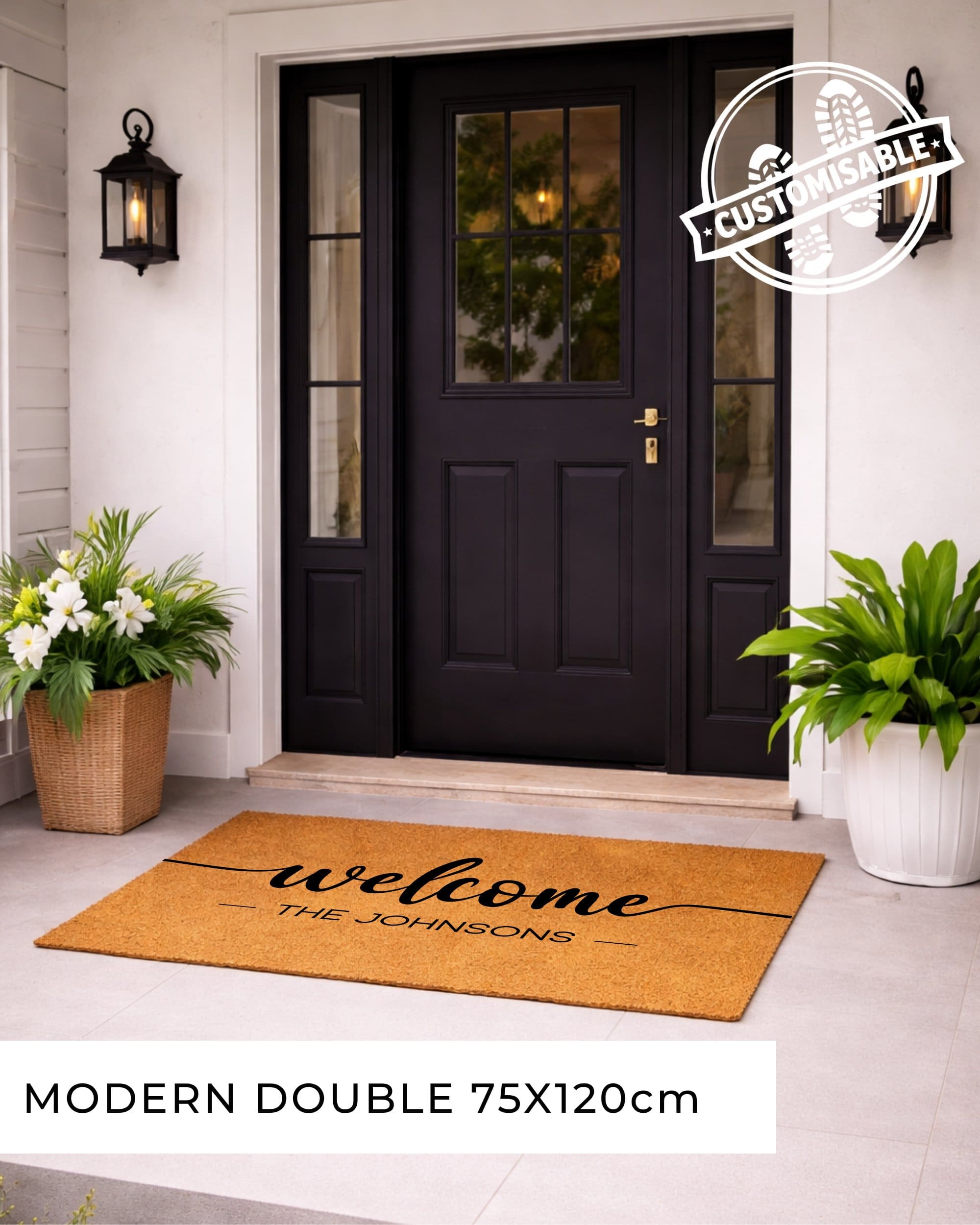 Front door with a 'welcome' doormat and customizable logo above it [VARIANT: STANDARD]