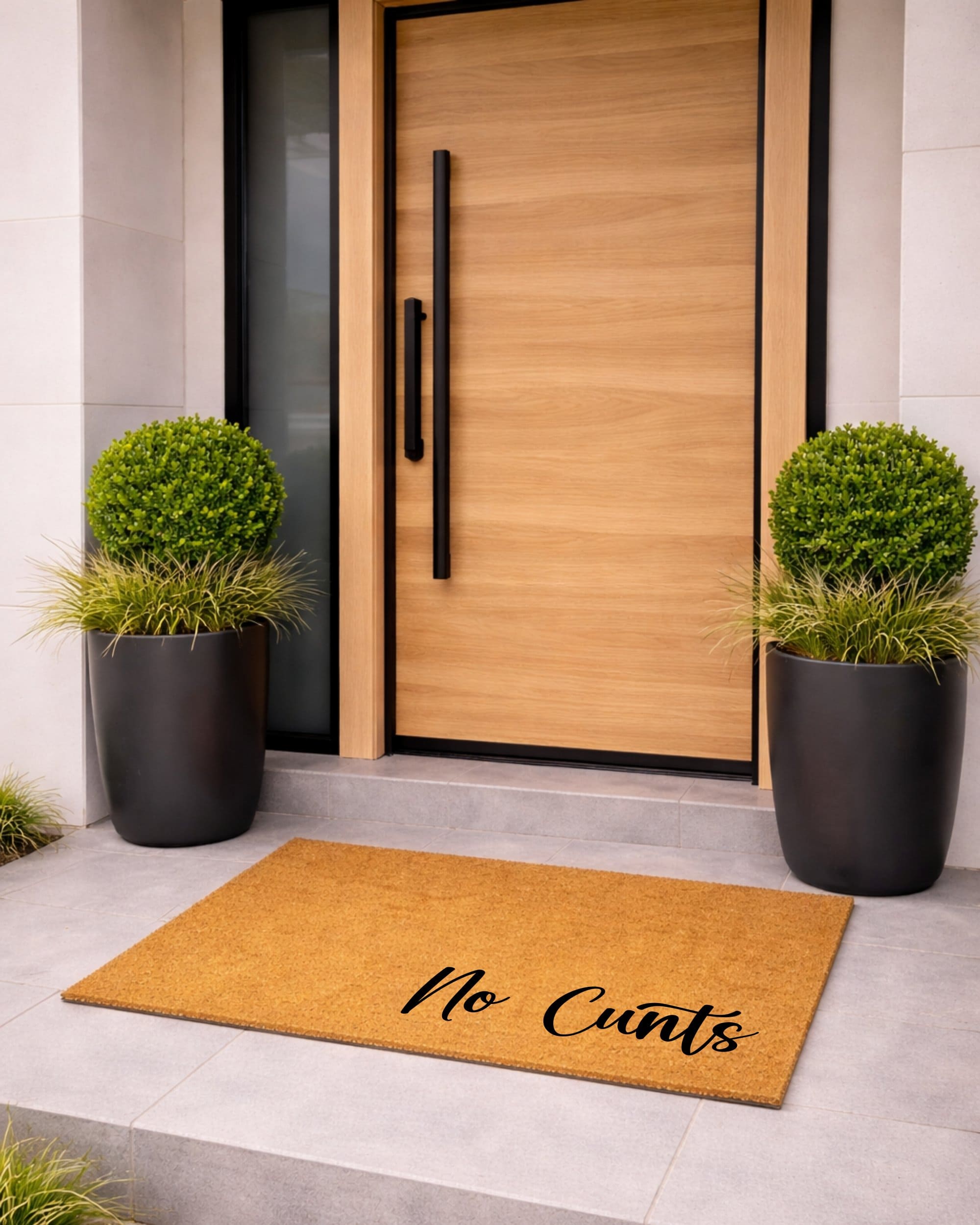 Doormat with 'No Cunts' text in front of a modern wooden door with plants on either side. [variant: fancy]