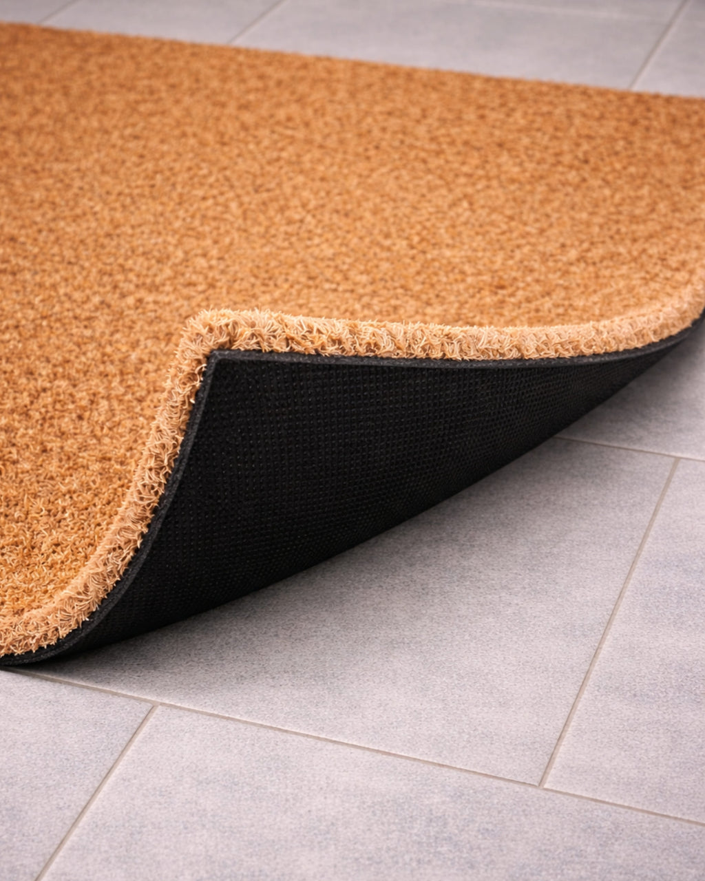 Brown doormat with black border on a tiled floor