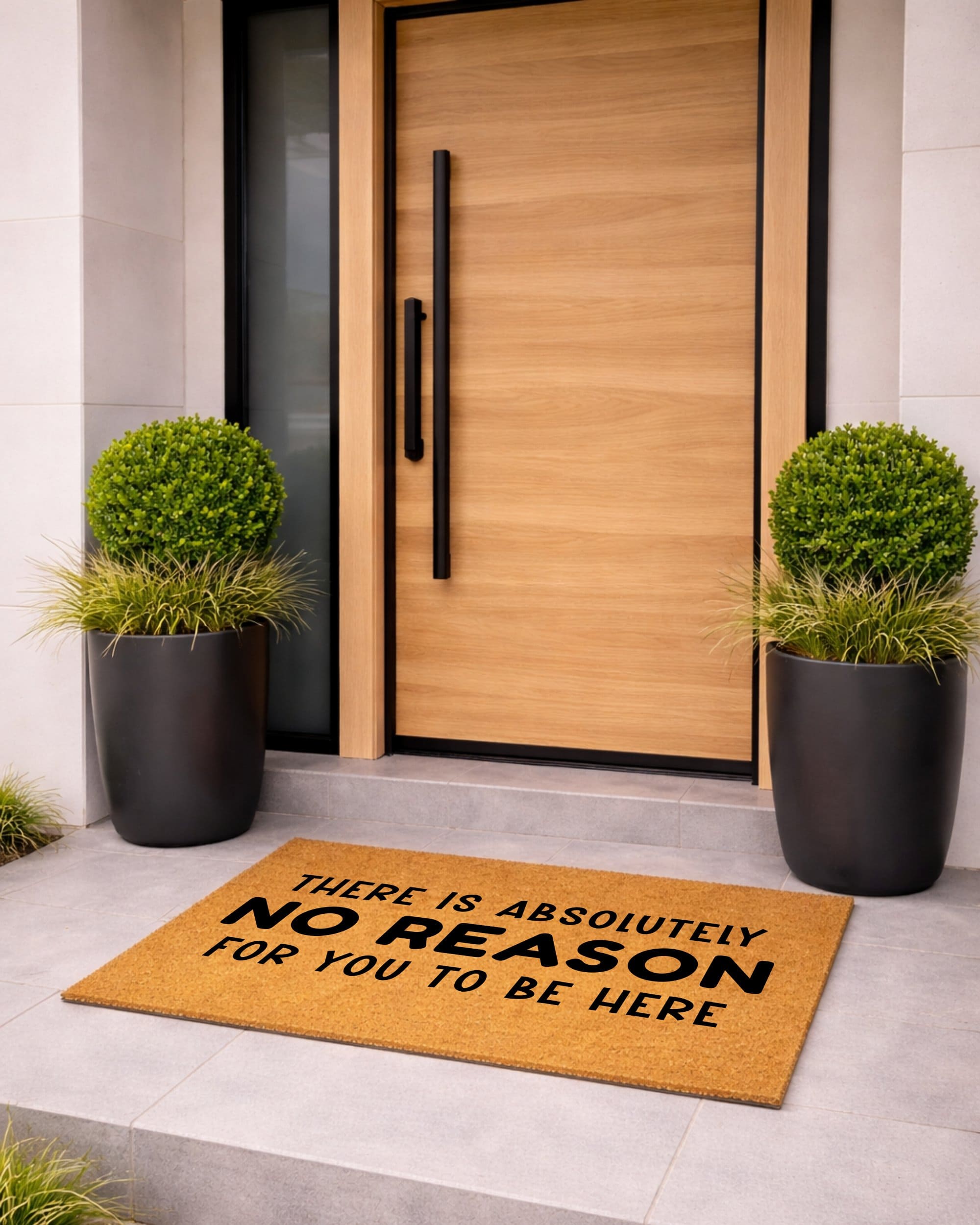 Doormat with humorous text in front of a modern wooden door with black handles, flanked by two potted plants.