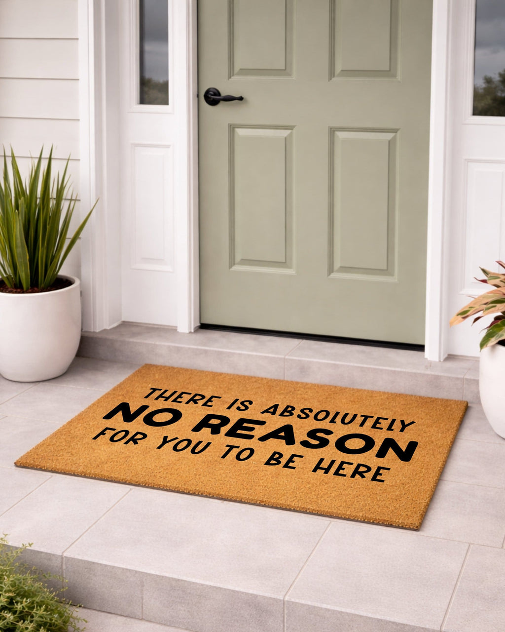 Doormat with humorous text in front of a house entrance