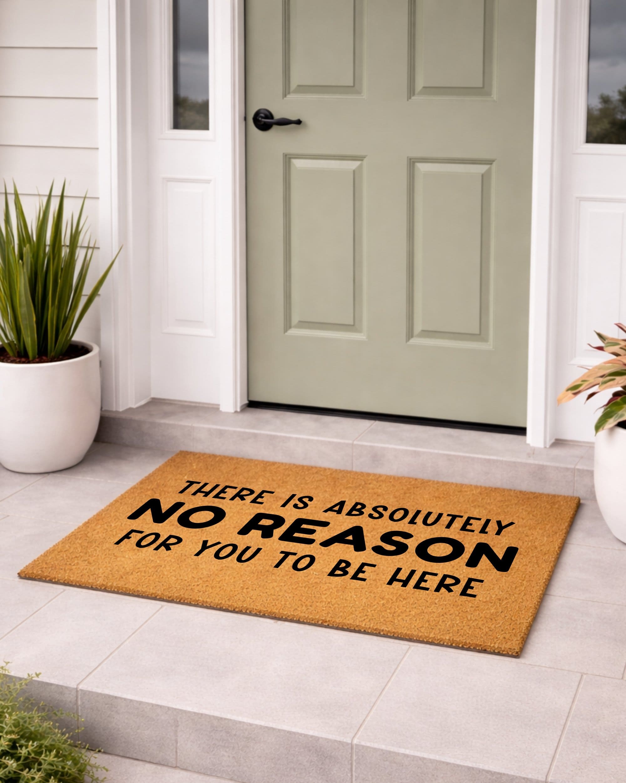 Doormat with humorous text in front of a house entrance