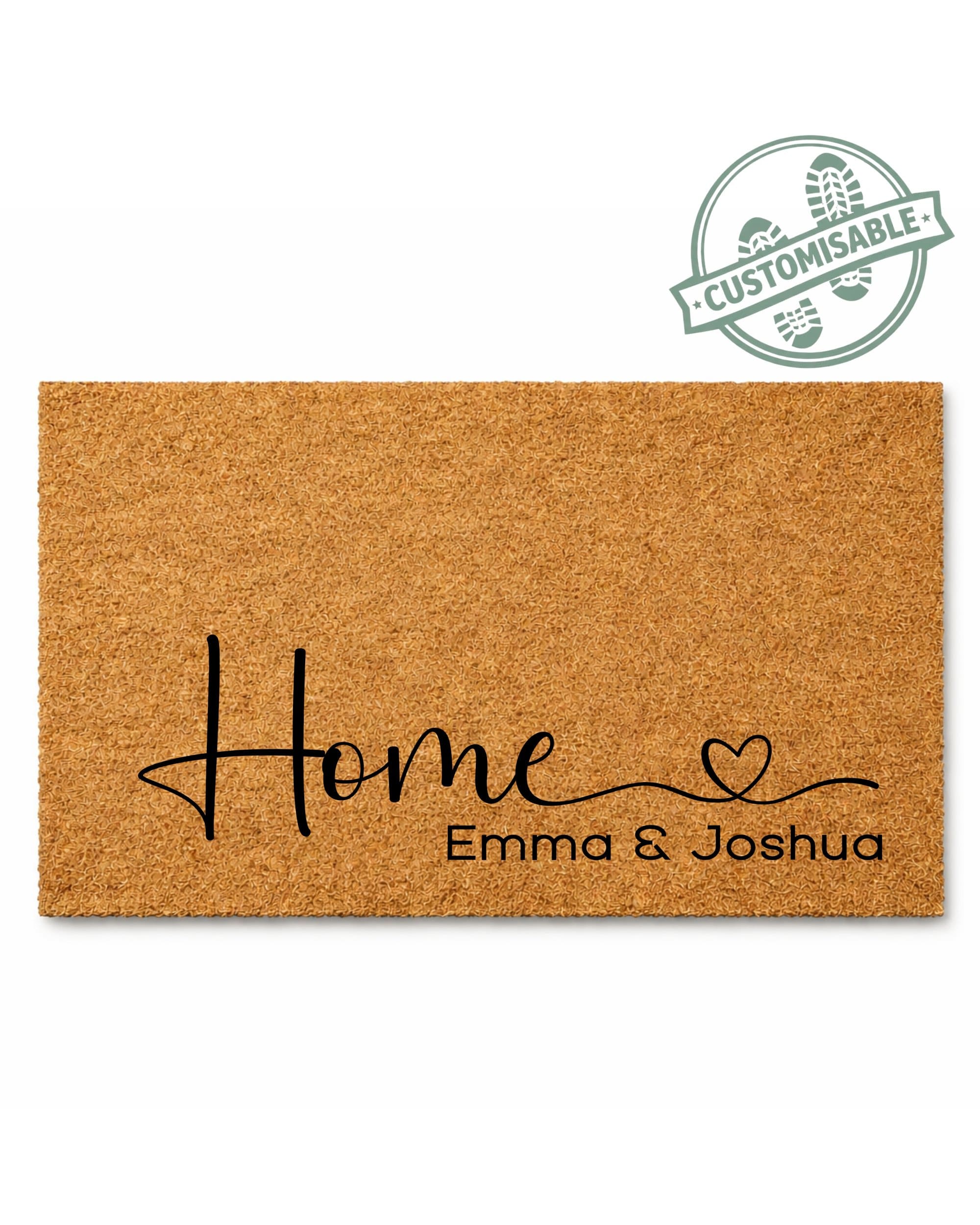 Doormat with 'Home Emma & Joshua' text on a white background