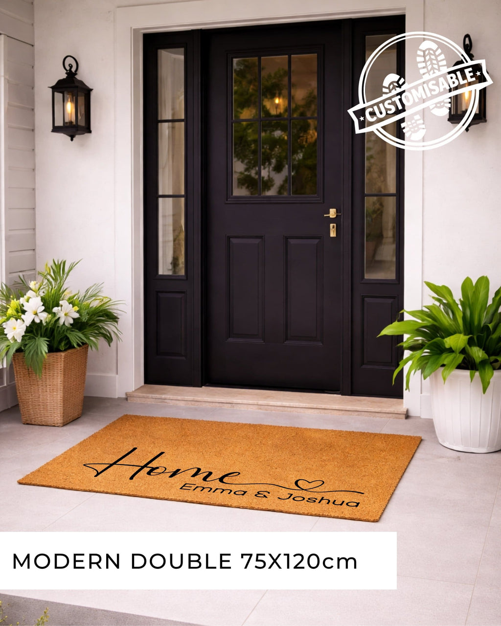 Front door with a doormat and plants, featuring a customizable logo.