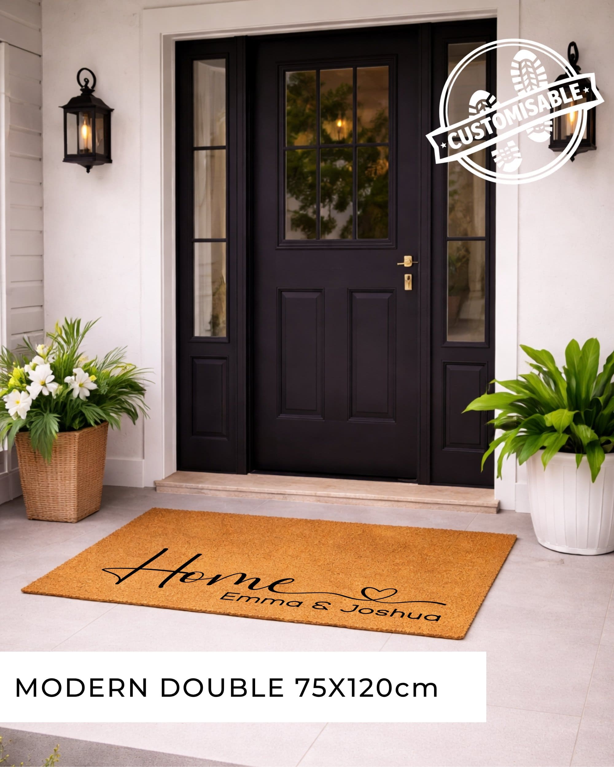 Front door with a doormat and plants, featuring a customizable logo.