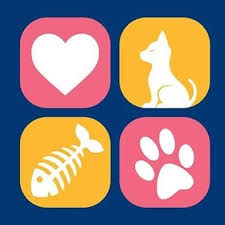 Four icons with a heart, dog, fish skeleton, and paw print on a blue background.