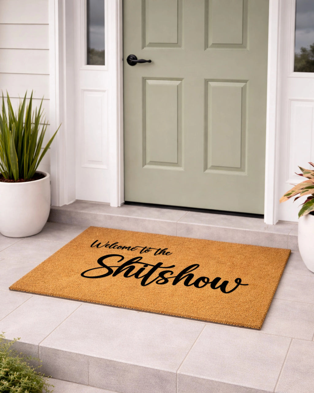 Doormat with 'Welcome to the Shitshow' text in front of a green door.